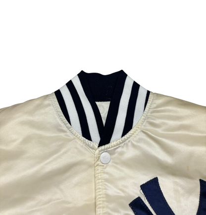 80s Vintage New York Yankees White Satin Starter Jacket (Small - Minor Flaw)