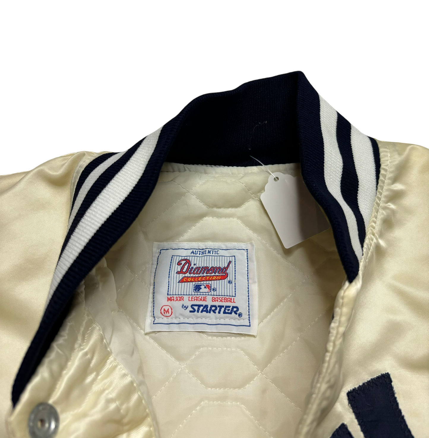 80s Vintage New York Yankees White Satin Starter Jacket (Small - Minor Flaw)