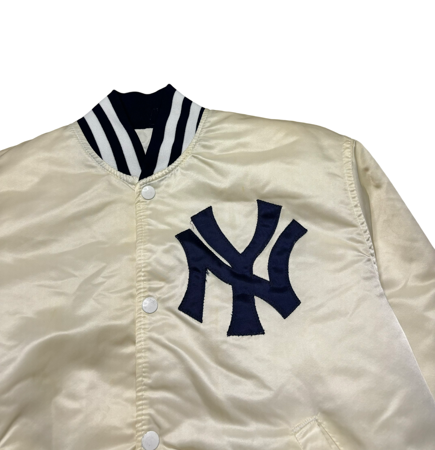 80s Vintage New York Yankees White Satin Starter Jacket (Small - Minor Flaw)