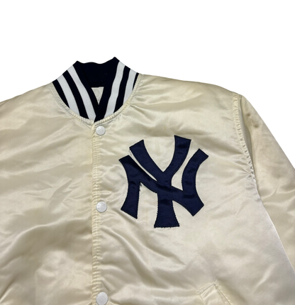 80s Vintage New York Yankees White Satin Starter Jacket (Small - Minor Flaw)