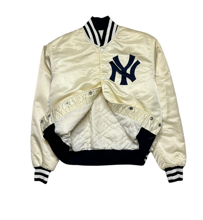 80s Vintage New York Yankees White Satin Starter Jacket (Small - Minor Flaw)